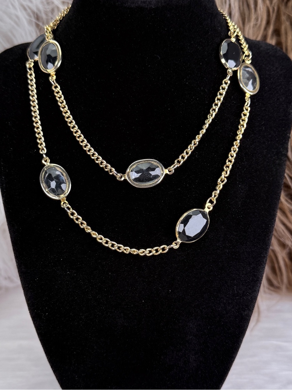 Vintage goldtone black and clear accent, long costume necklace